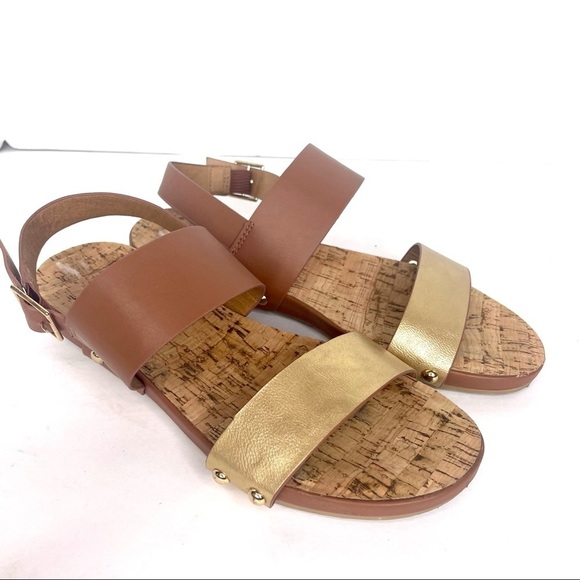 Restricted Gold and Brown Two Strap Open Toe Studded Buckle Sandal Shoes Size 6 - Picture 6 of 12